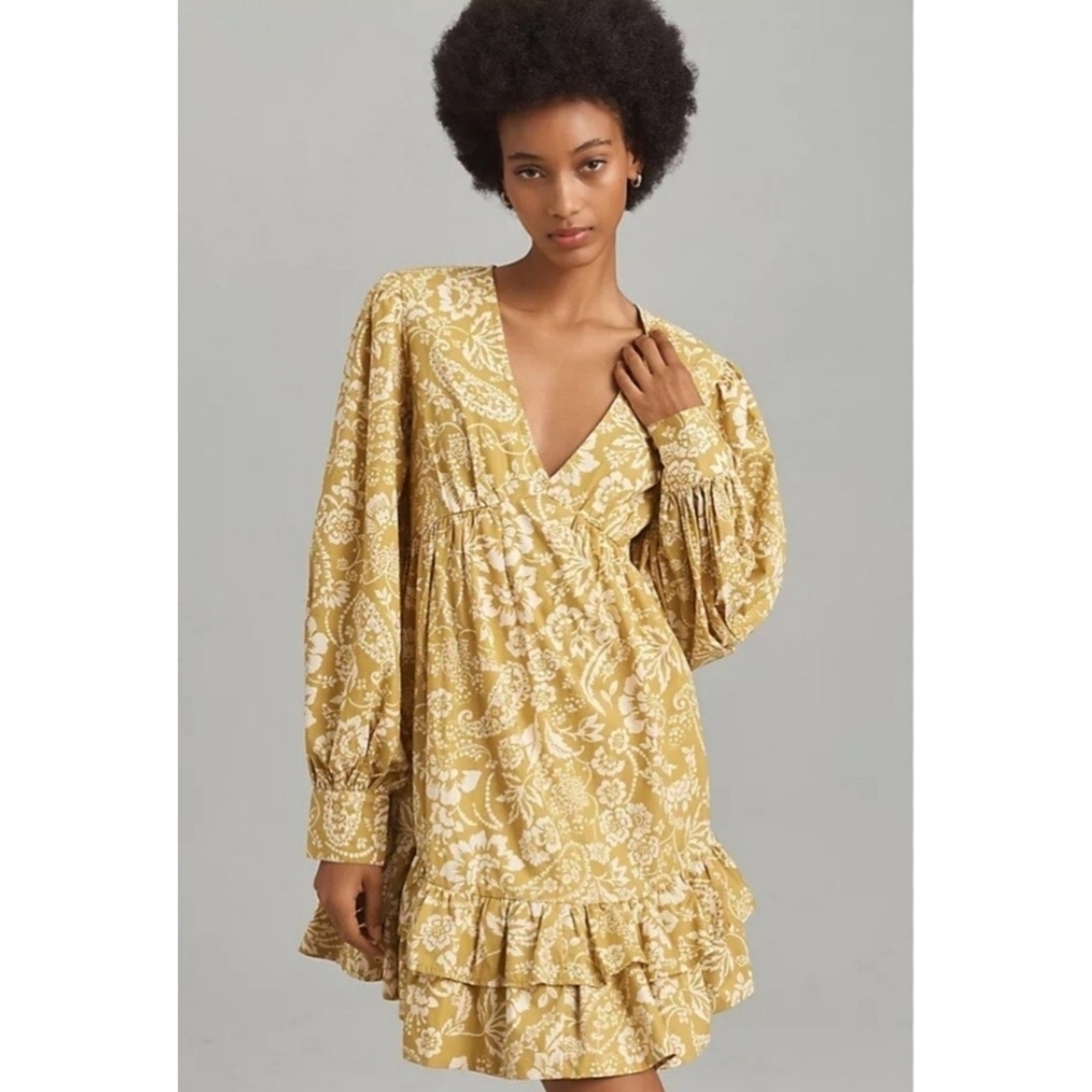 Anthropologie Mustard Yellow Floral Mini Dress